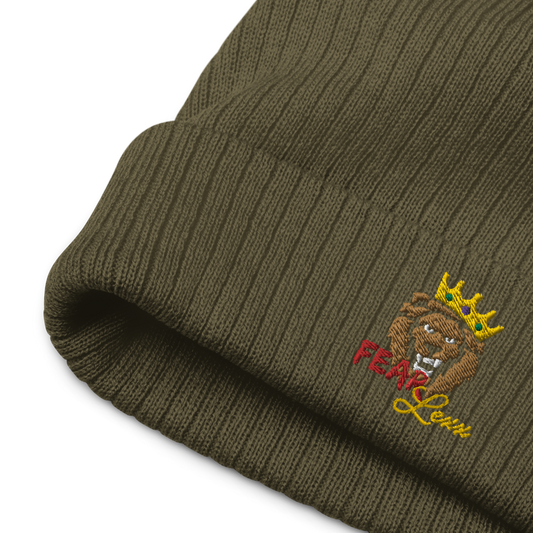 Recycled embroidered cuffed beanie "Red fear"