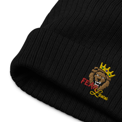 Recycled embroidered cuffed beanie "Red fear"