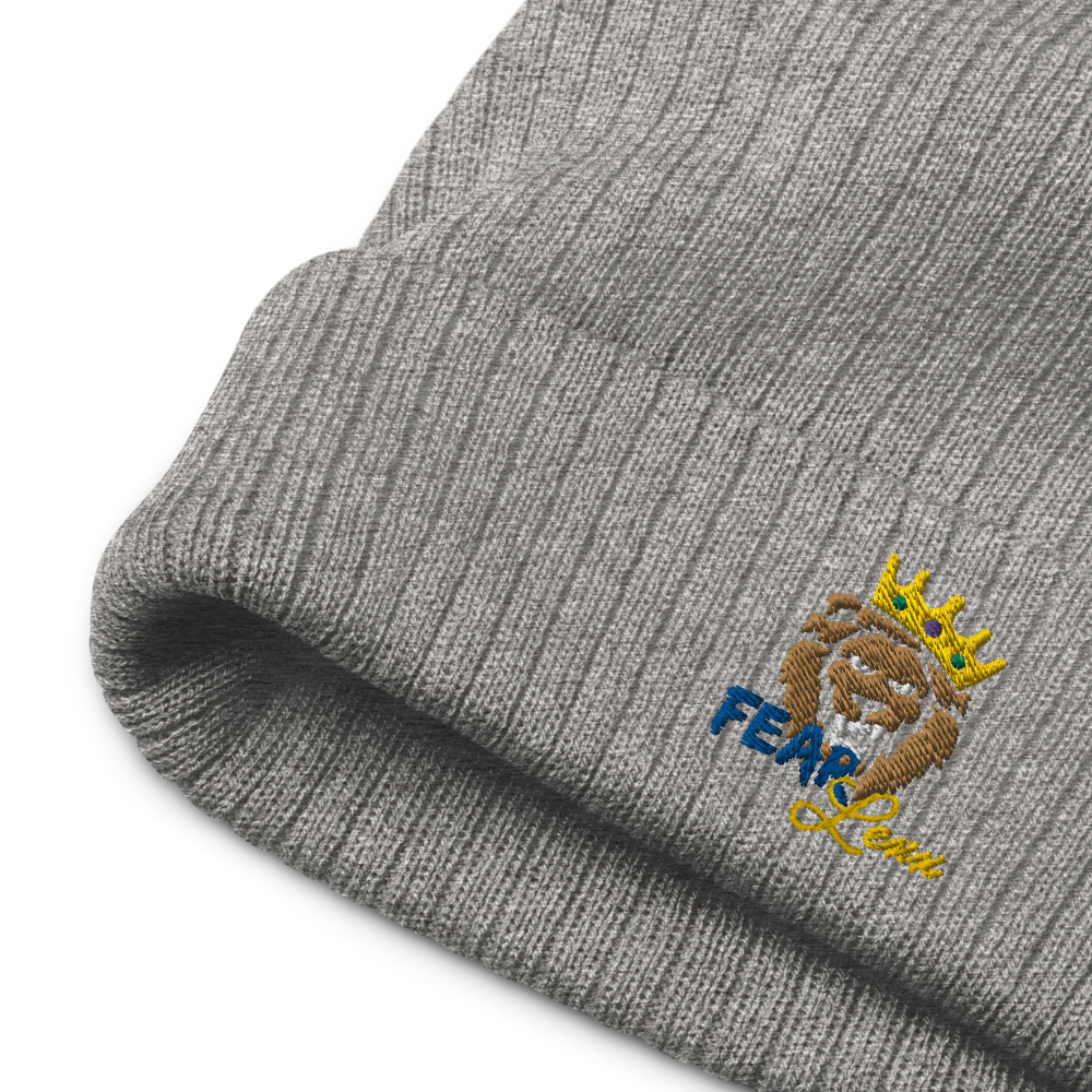 Recycled embroidered cuffed beanie "Blue fear"