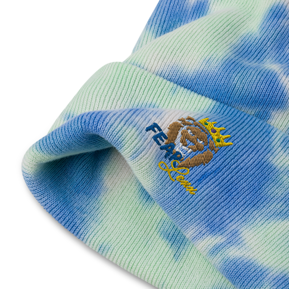 Tie-dye embroidered "blue fear" beanie